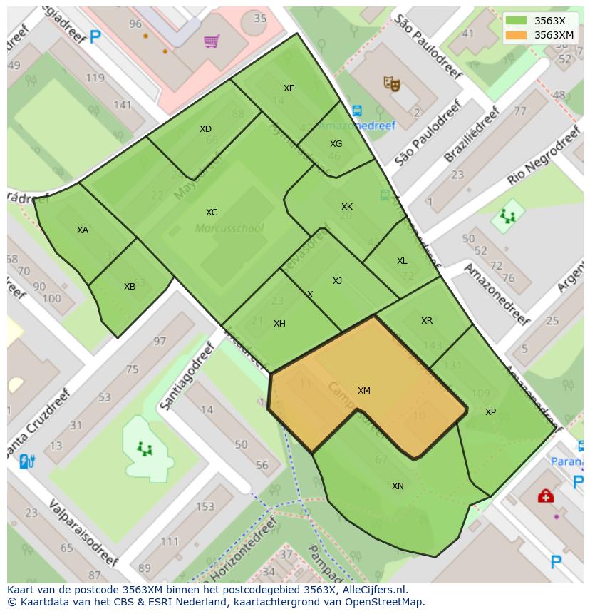 Afbeelding van het postcodegebied 3563 XM op de kaart.