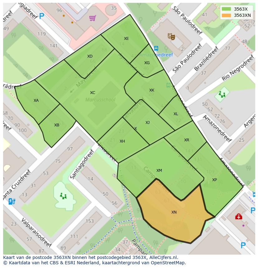 Afbeelding van het postcodegebied 3563 XN op de kaart.