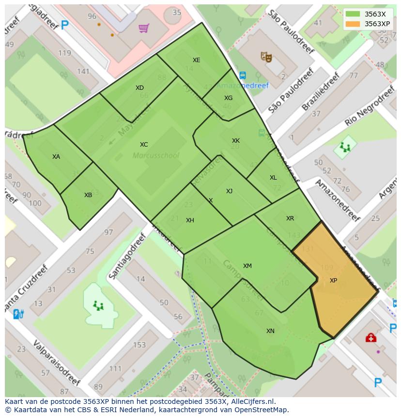 Afbeelding van het postcodegebied 3563 XP op de kaart.