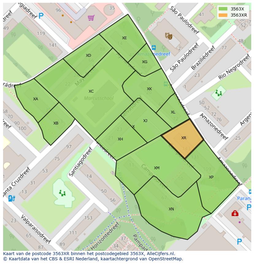 Afbeelding van het postcodegebied 3563 XR op de kaart.