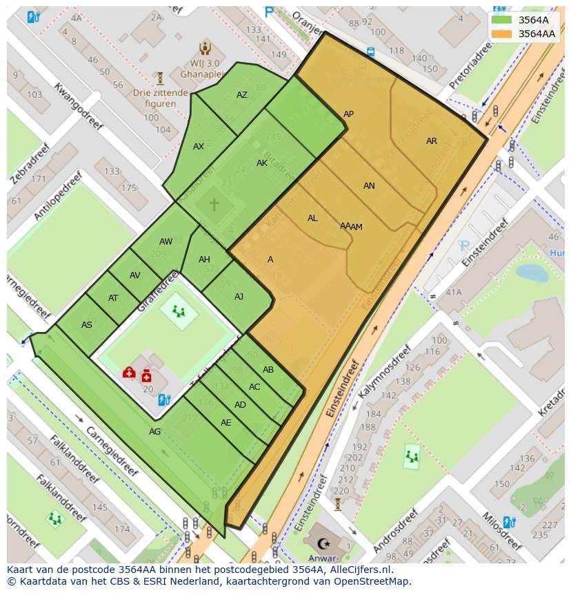 Afbeelding van het postcodegebied 3564 AA op de kaart.