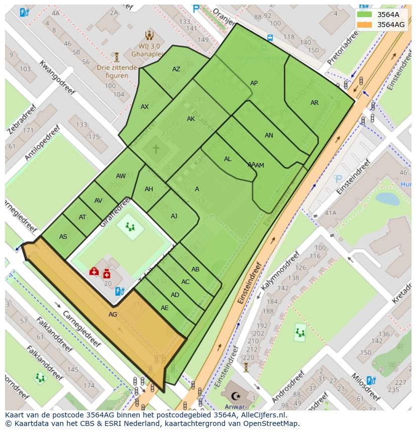 Afbeelding van het postcodegebied 3564 AG op de kaart.