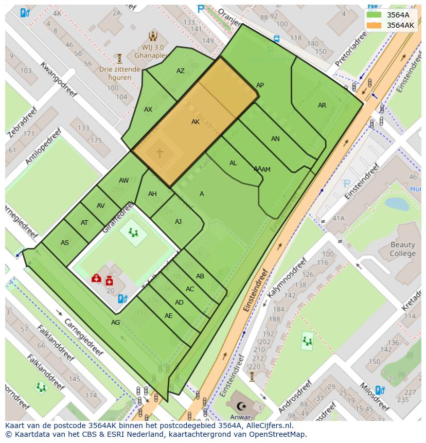 Afbeelding van het postcodegebied 3564 AK op de kaart.