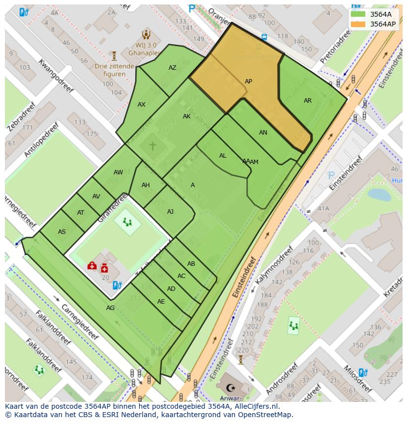 Afbeelding van het postcodegebied 3564 AP op de kaart.
