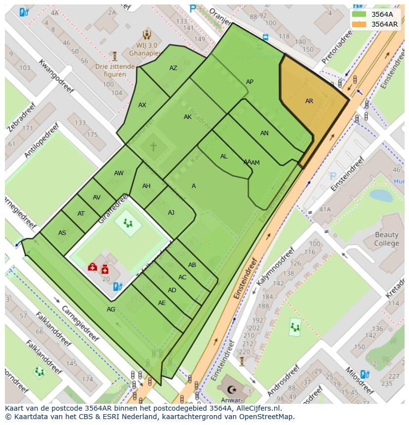 Afbeelding van het postcodegebied 3564 AR op de kaart.