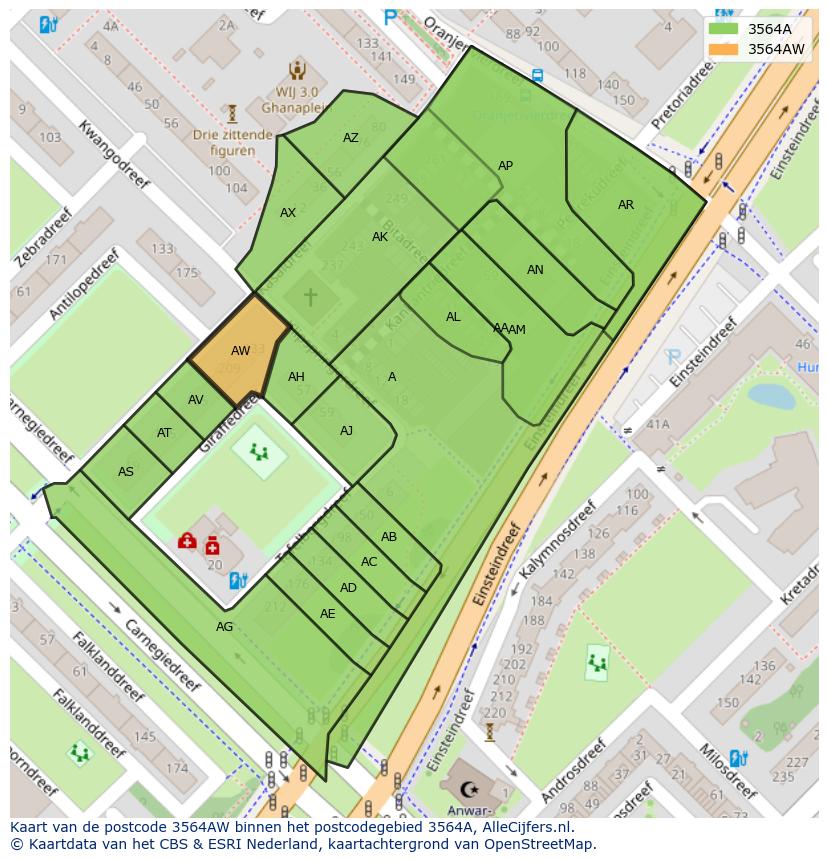 Afbeelding van het postcodegebied 3564 AW op de kaart.