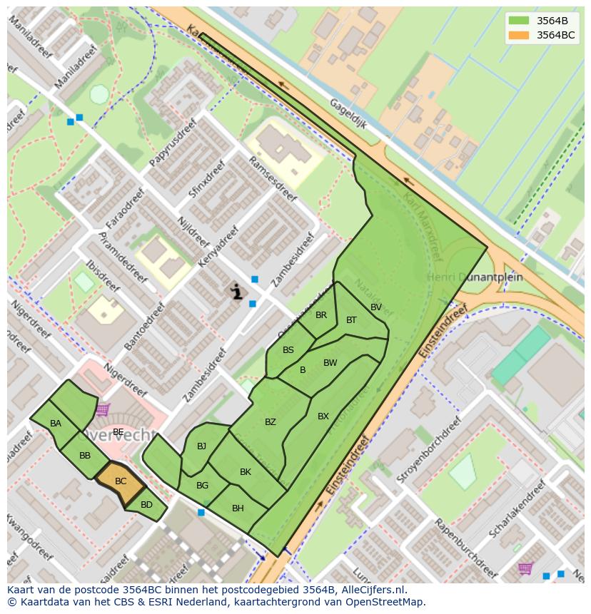 Afbeelding van het postcodegebied 3564 BC op de kaart.