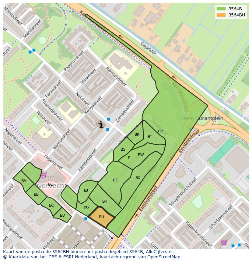 Afbeelding van het postcodegebied 3564 BH op de kaart.