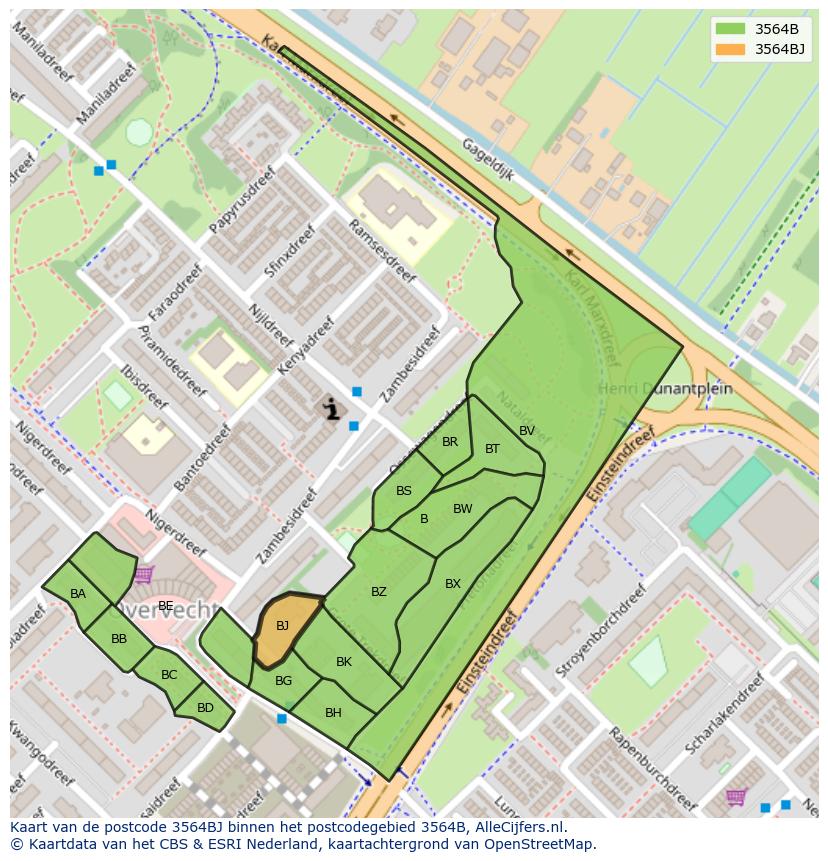 Afbeelding van het postcodegebied 3564 BJ op de kaart.