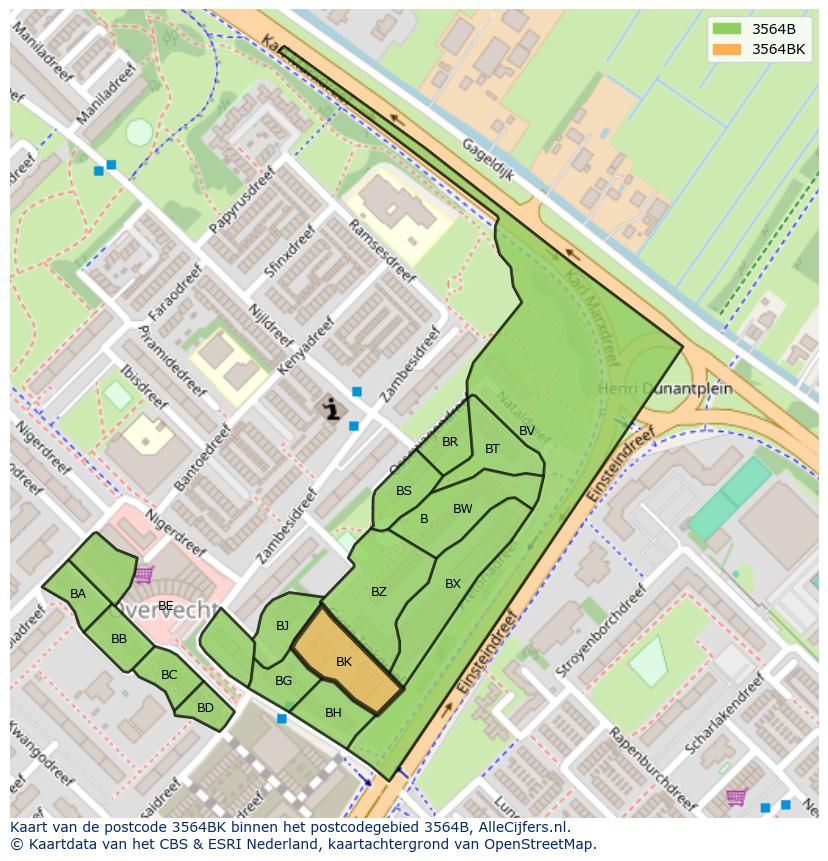Afbeelding van het postcodegebied 3564 BK op de kaart.