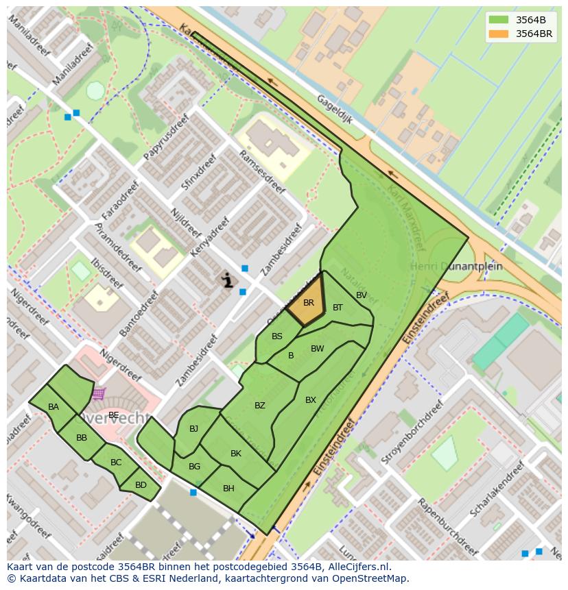 Afbeelding van het postcodegebied 3564 BR op de kaart.