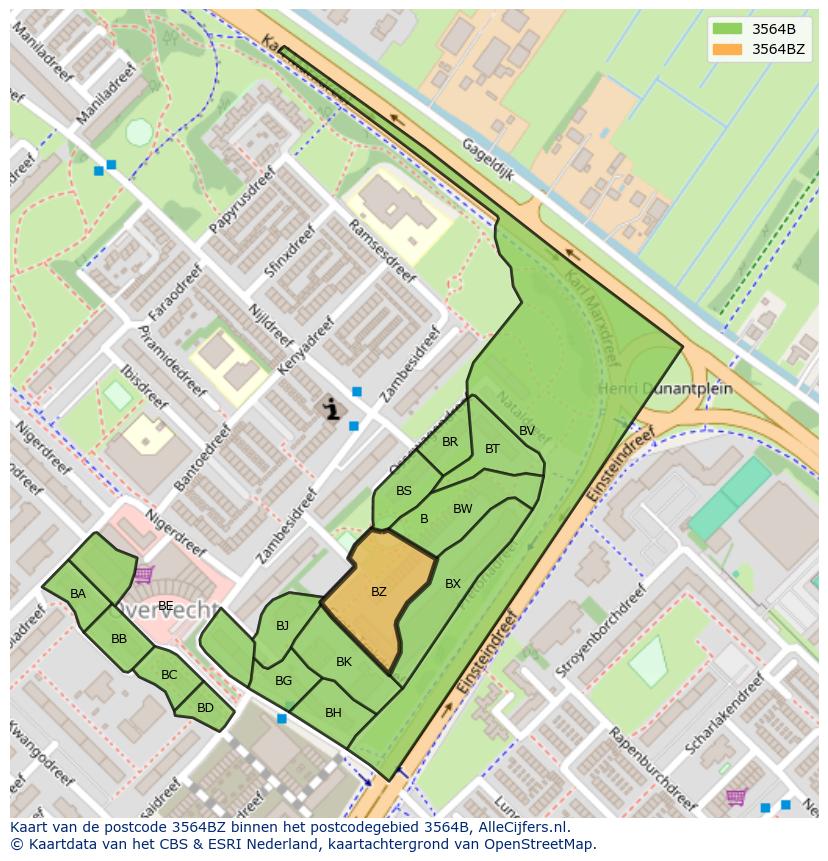 Afbeelding van het postcodegebied 3564 BZ op de kaart.