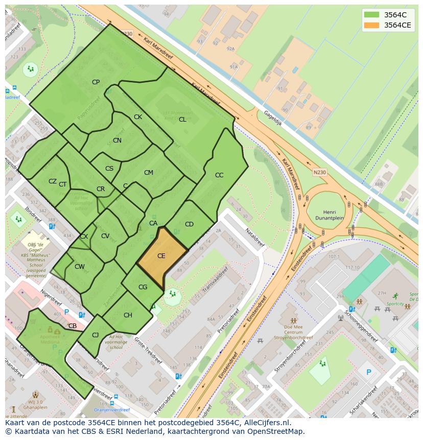 Afbeelding van het postcodegebied 3564 CE op de kaart.