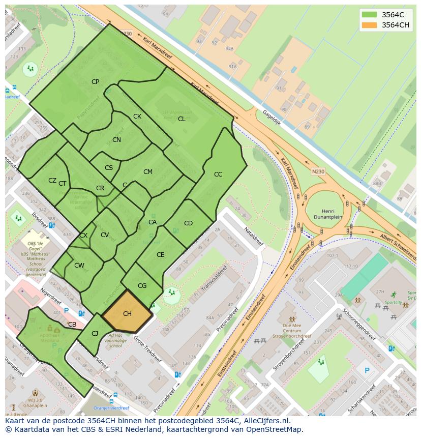 Afbeelding van het postcodegebied 3564 CH op de kaart.