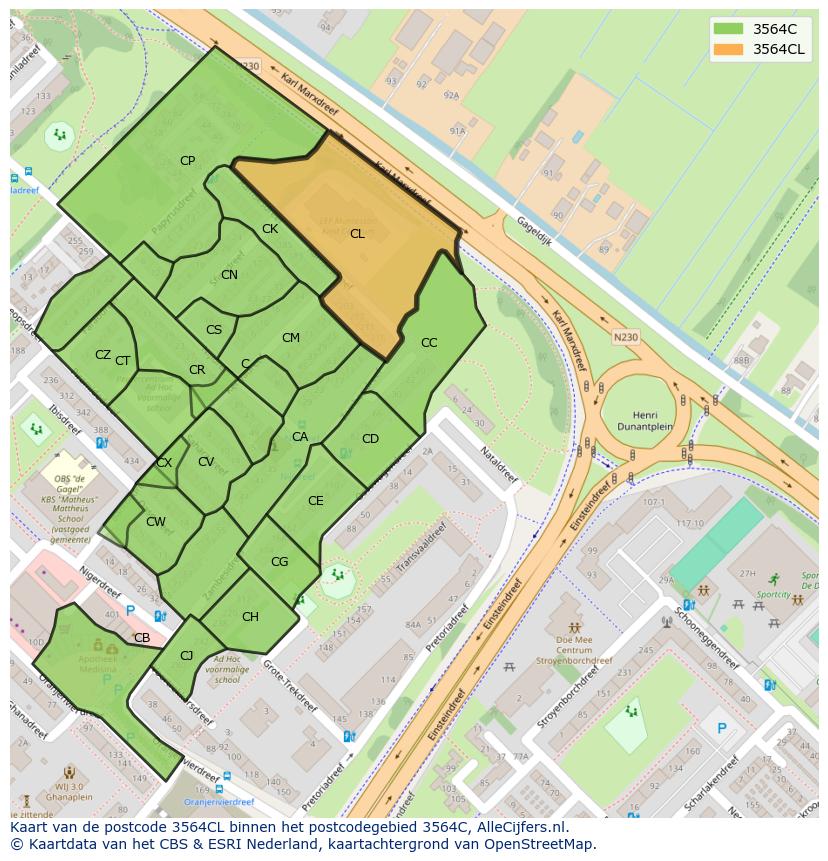 Afbeelding van het postcodegebied 3564 CL op de kaart.
