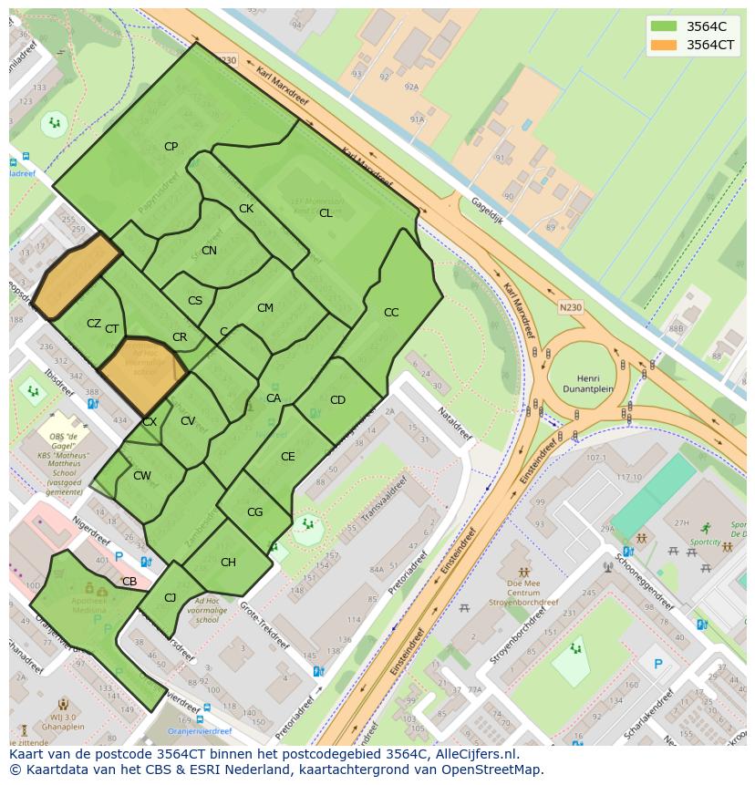 Afbeelding van het postcodegebied 3564 CT op de kaart.