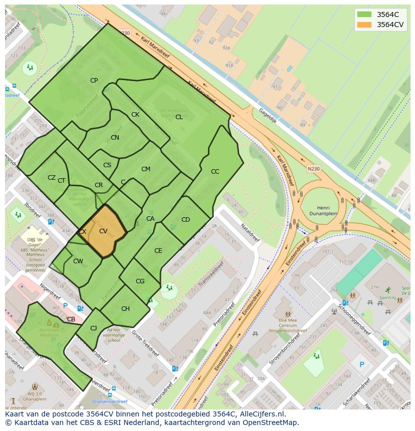 Afbeelding van het postcodegebied 3564 CV op de kaart.