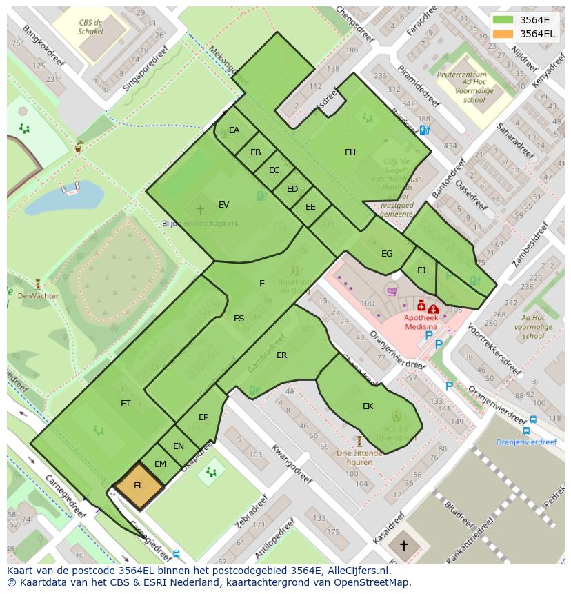 Afbeelding van het postcodegebied 3564 EL op de kaart.