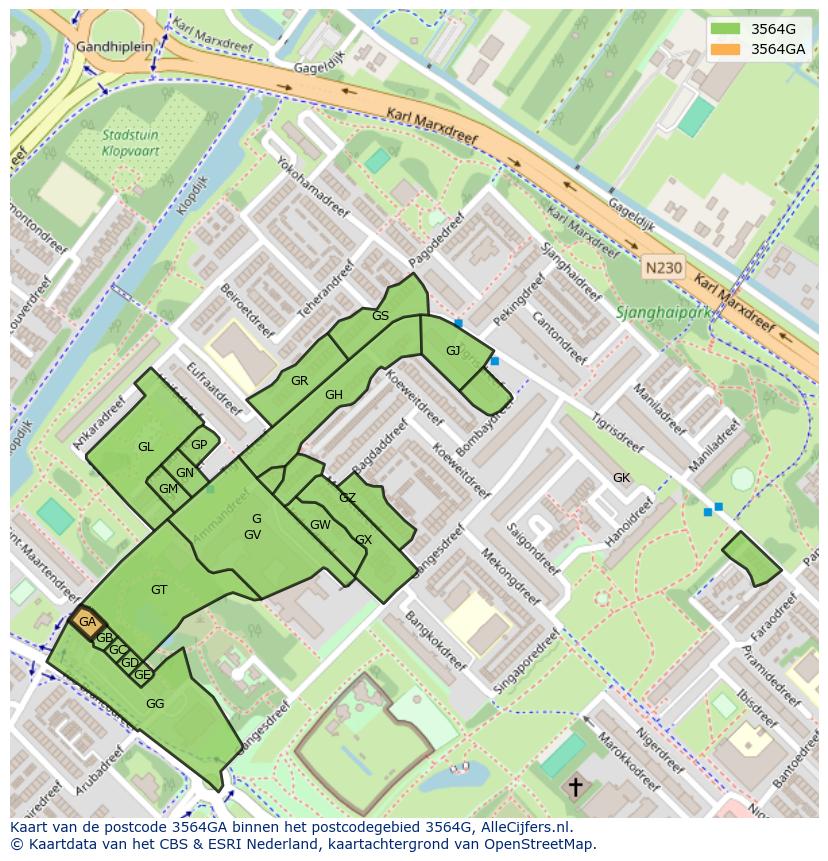 Afbeelding van het postcodegebied 3564 GA op de kaart.