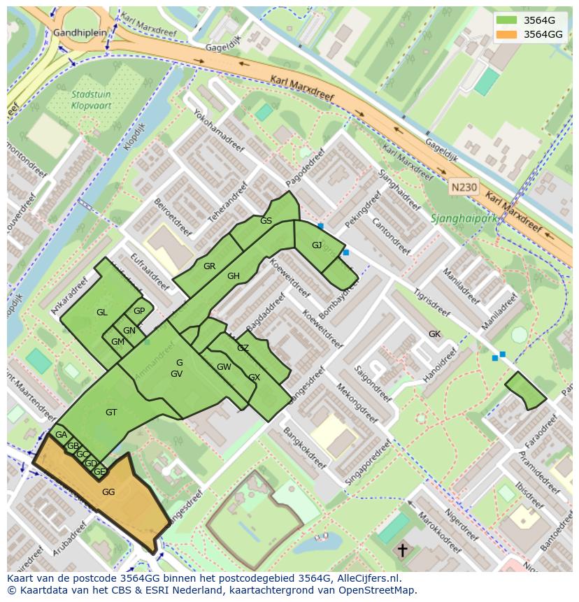 Afbeelding van het postcodegebied 3564 GG op de kaart.
