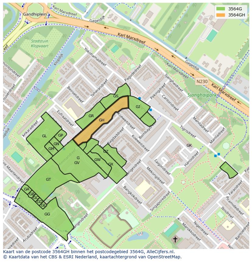 Afbeelding van het postcodegebied 3564 GH op de kaart.