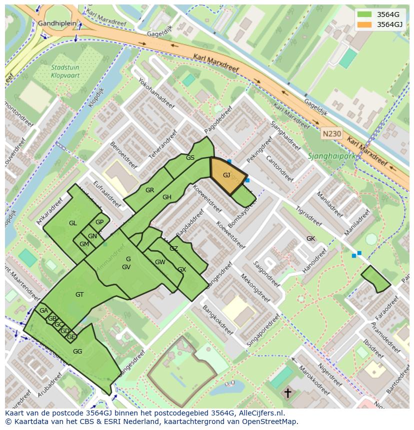 Afbeelding van het postcodegebied 3564 GJ op de kaart.