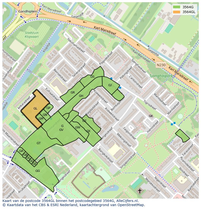 Afbeelding van het postcodegebied 3564 GL op de kaart.