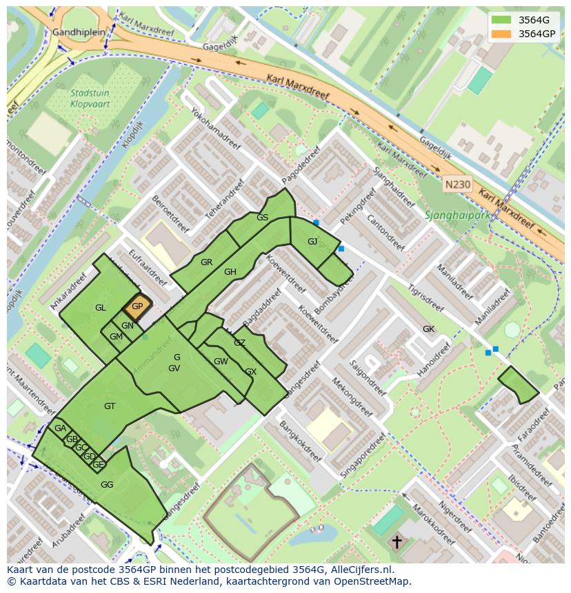Afbeelding van het postcodegebied 3564 GP op de kaart.