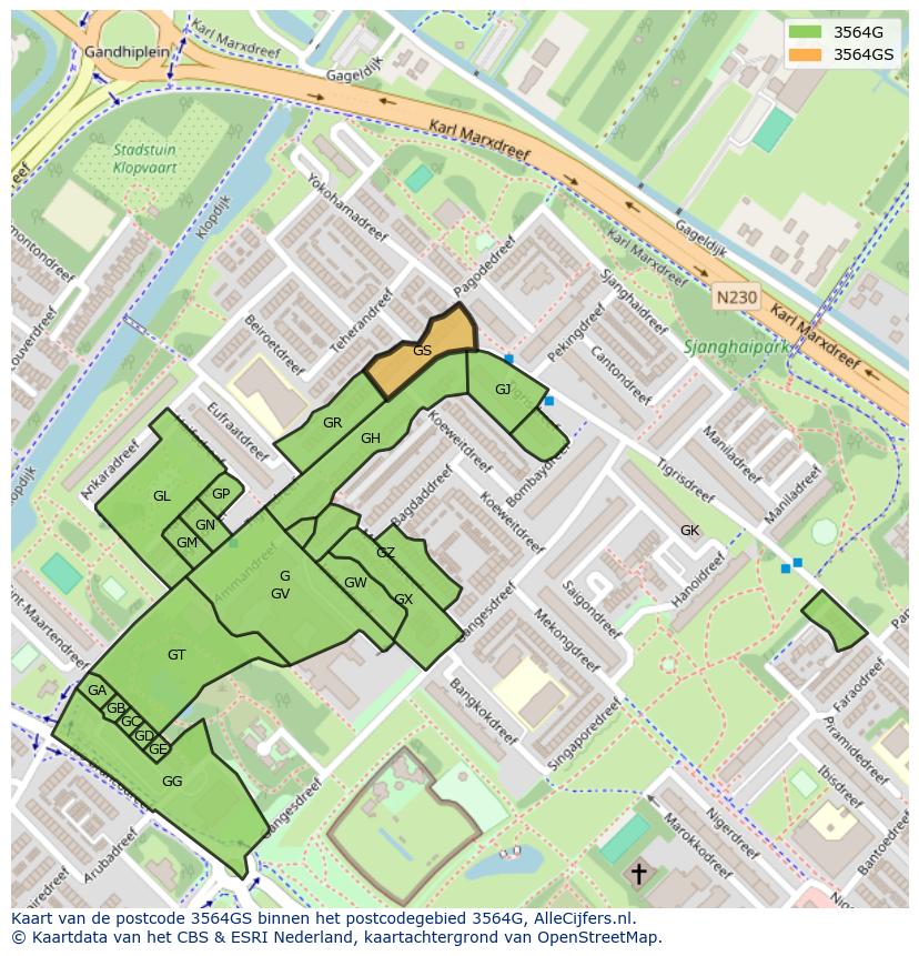 Afbeelding van het postcodegebied 3564 GS op de kaart.