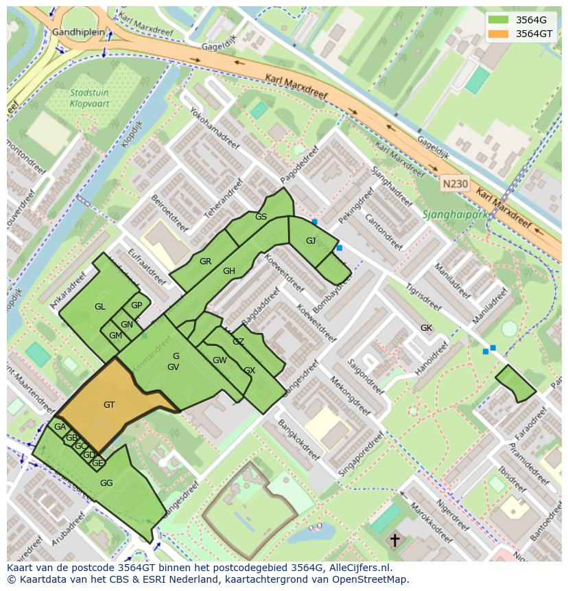 Afbeelding van het postcodegebied 3564 GT op de kaart.