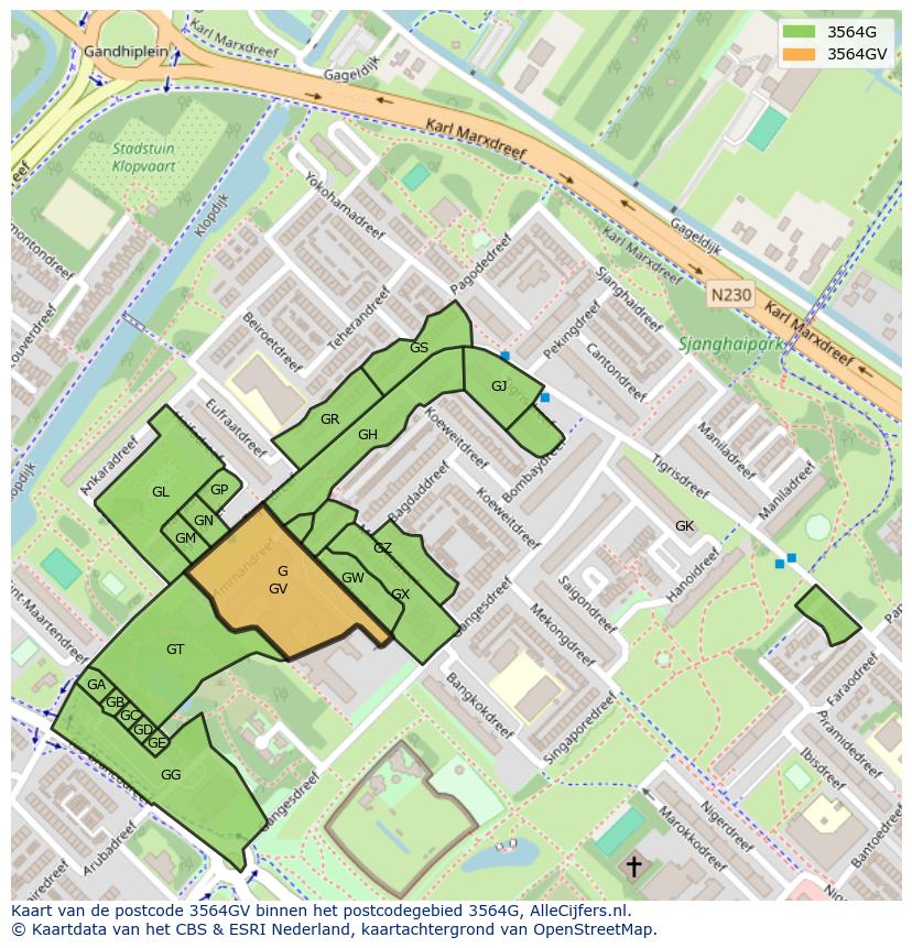 Afbeelding van het postcodegebied 3564 GV op de kaart.