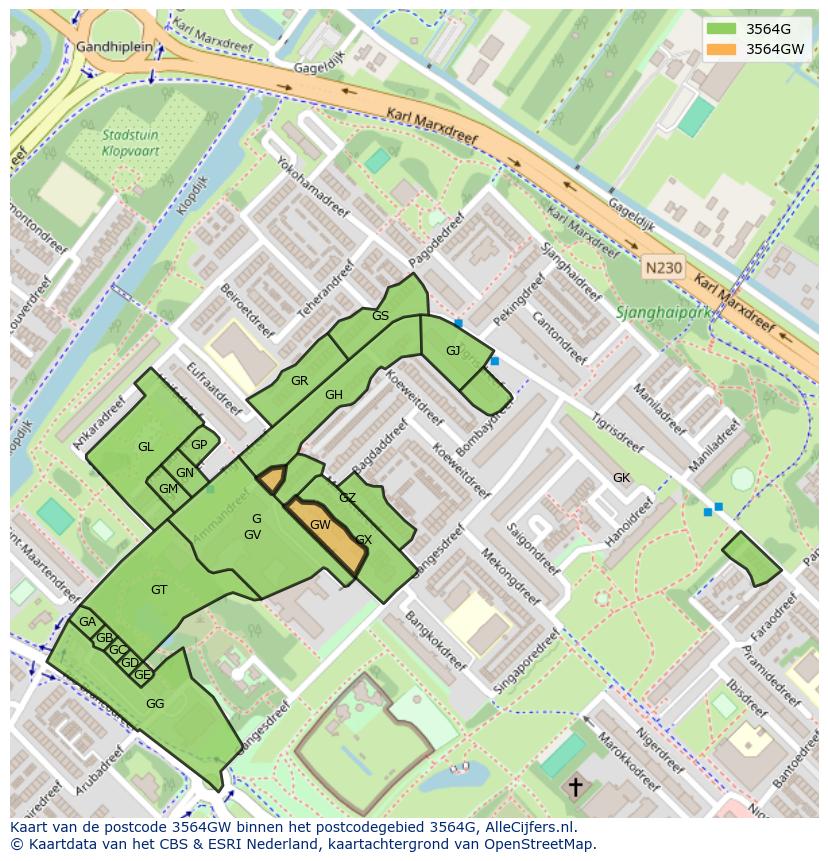 Afbeelding van het postcodegebied 3564 GW op de kaart.