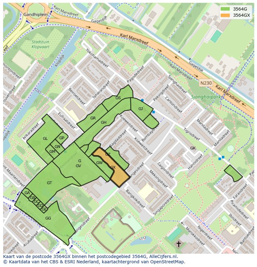 Afbeelding van het postcodegebied 3564 GX op de kaart.