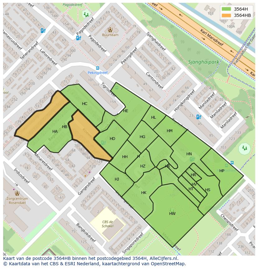 Afbeelding van het postcodegebied 3564 HB op de kaart.