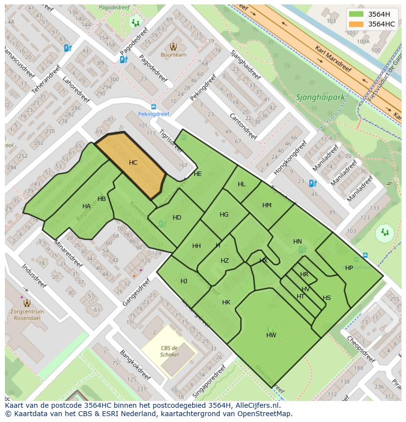 Afbeelding van het postcodegebied 3564 HC op de kaart.