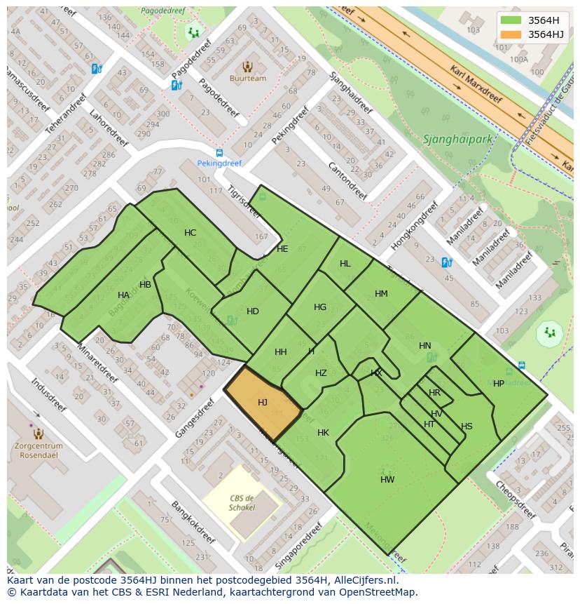 Afbeelding van het postcodegebied 3564 HJ op de kaart.