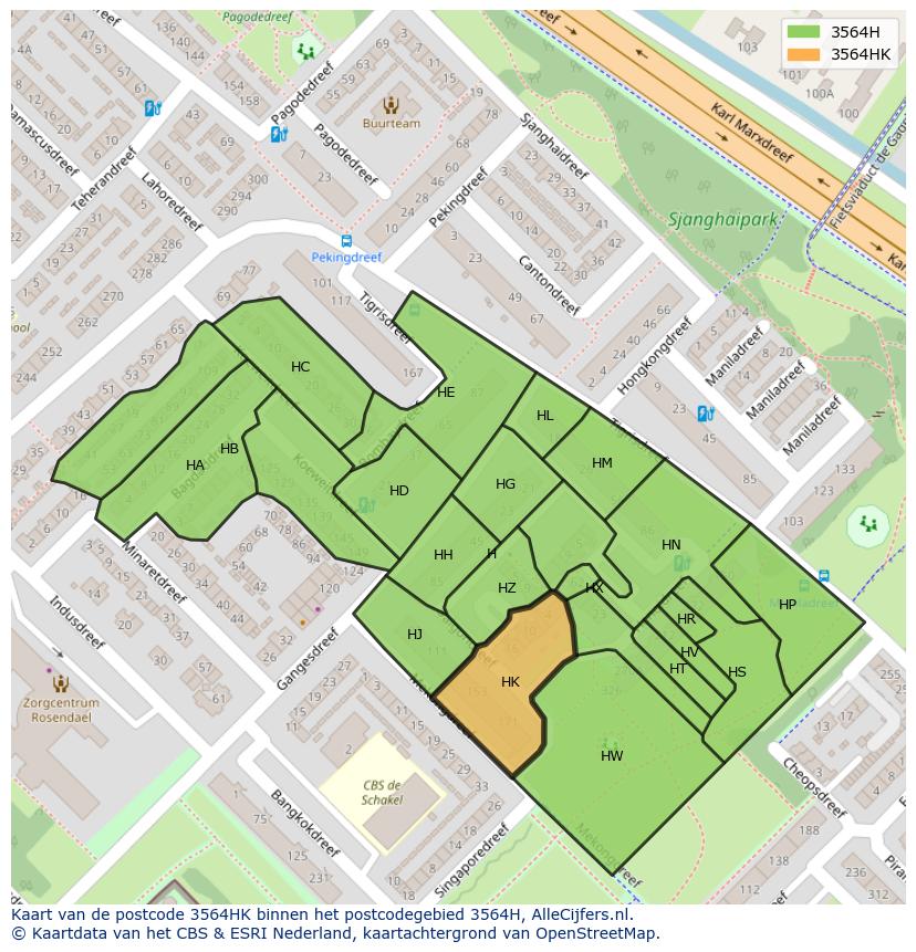 Afbeelding van het postcodegebied 3564 HK op de kaart.