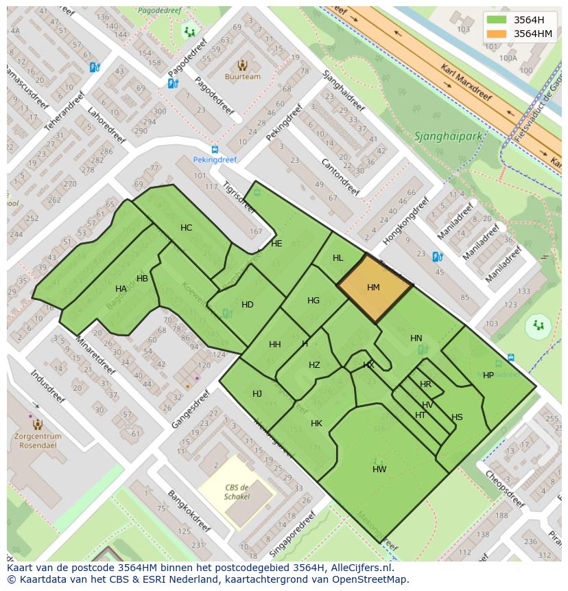 Afbeelding van het postcodegebied 3564 HM op de kaart.