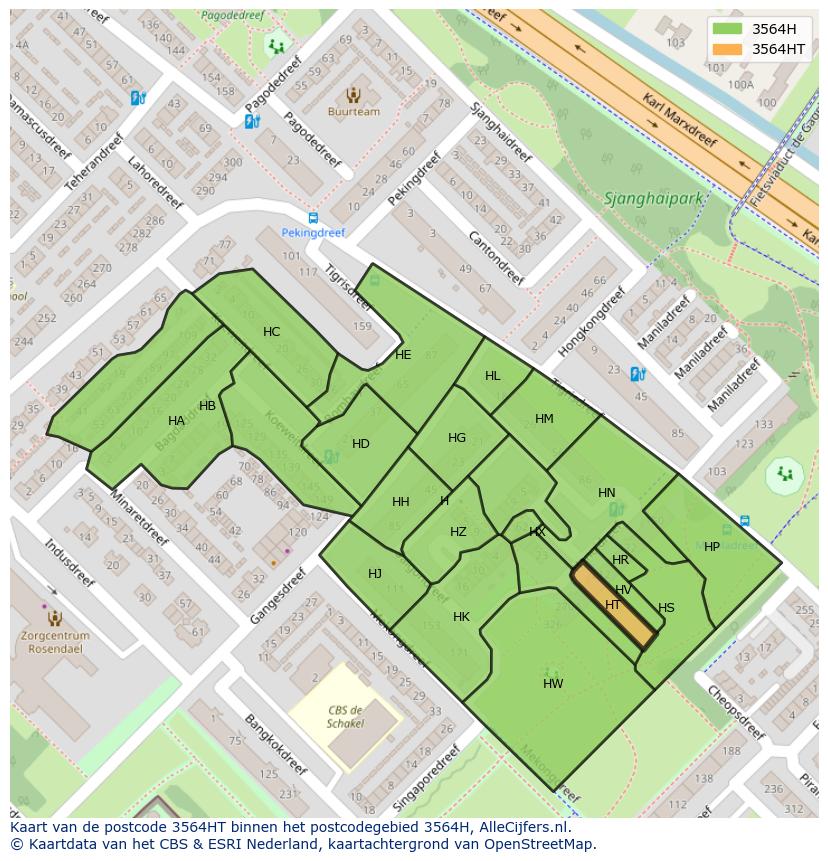 Afbeelding van het postcodegebied 3564 HT op de kaart.