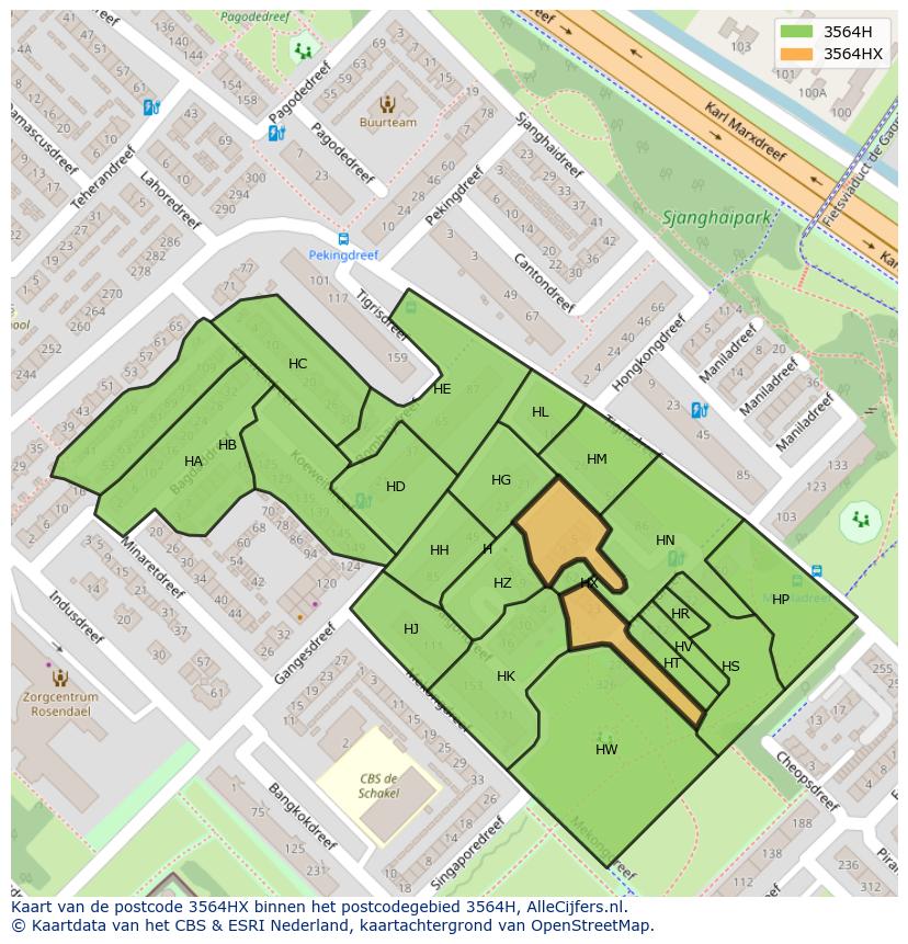 Afbeelding van het postcodegebied 3564 HX op de kaart.