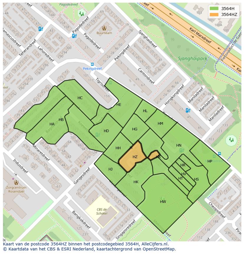 Afbeelding van het postcodegebied 3564 HZ op de kaart.