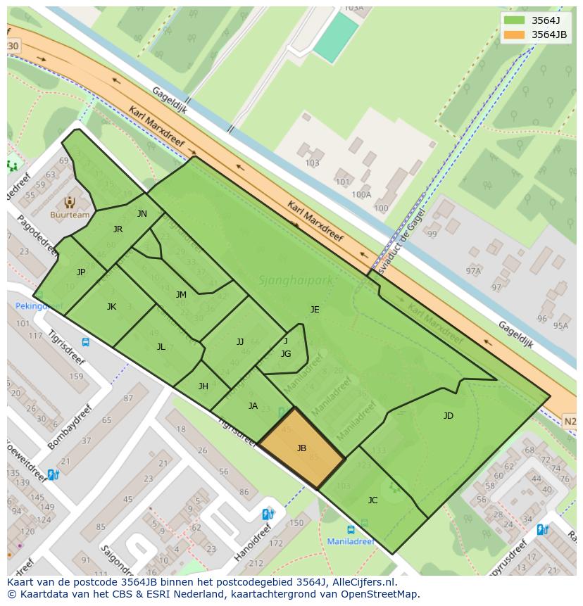 Afbeelding van het postcodegebied 3564 JB op de kaart.
