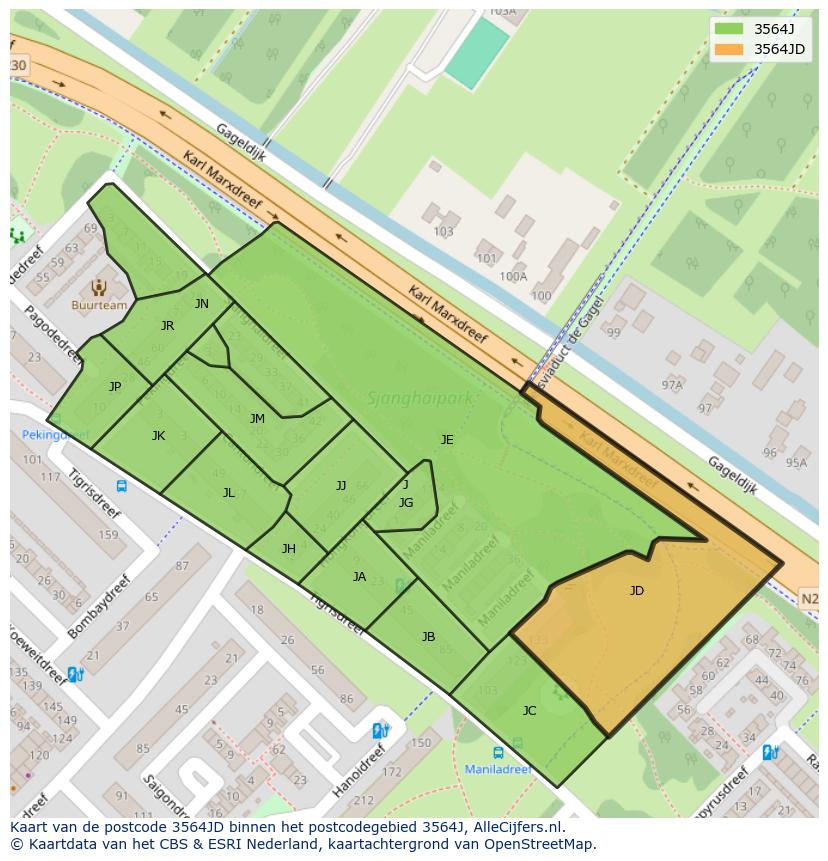 Afbeelding van het postcodegebied 3564 JD op de kaart.
