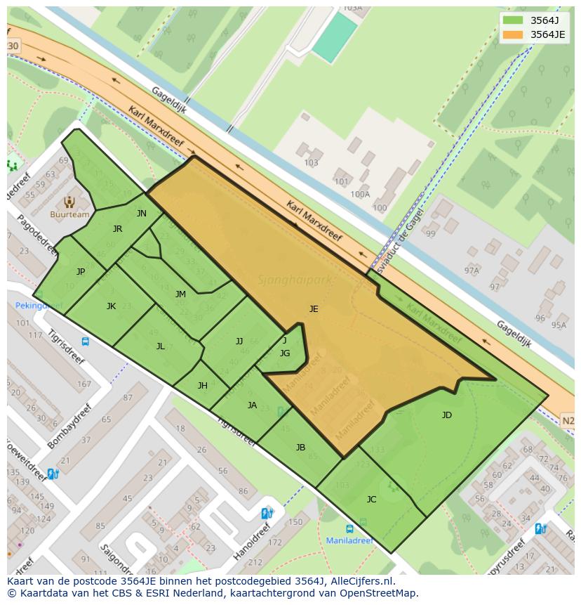 Afbeelding van het postcodegebied 3564 JE op de kaart.