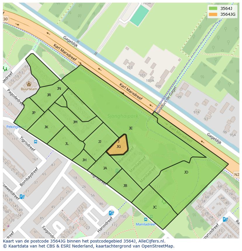 Afbeelding van het postcodegebied 3564 JG op de kaart.
