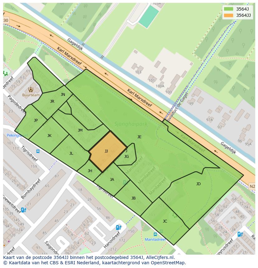 Afbeelding van het postcodegebied 3564 JJ op de kaart.