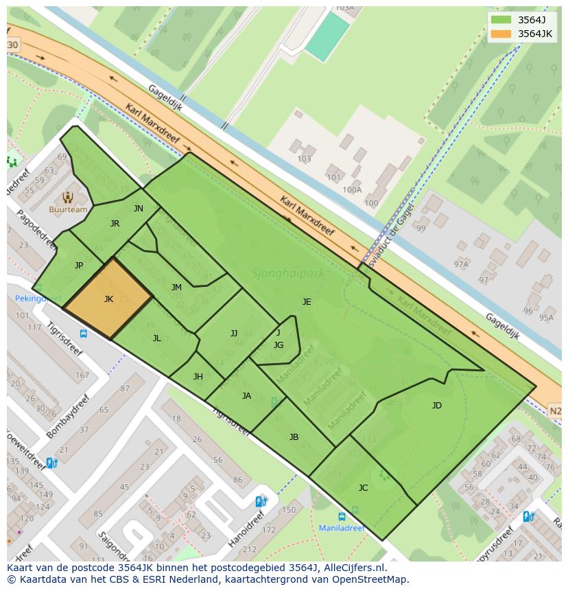 Afbeelding van het postcodegebied 3564 JK op de kaart.
