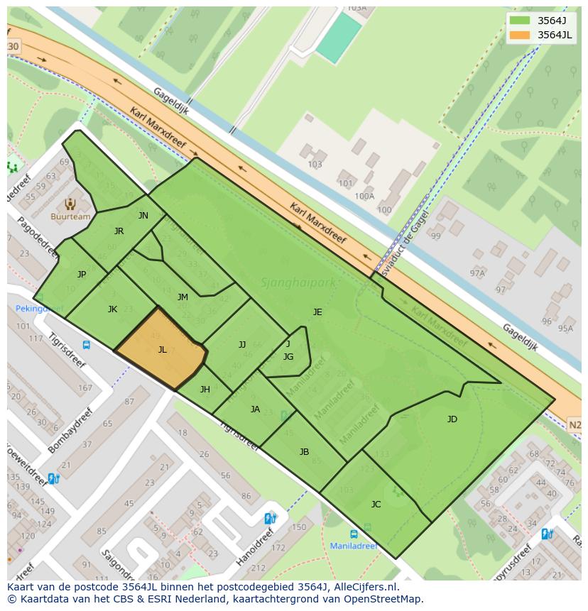 Afbeelding van het postcodegebied 3564 JL op de kaart.