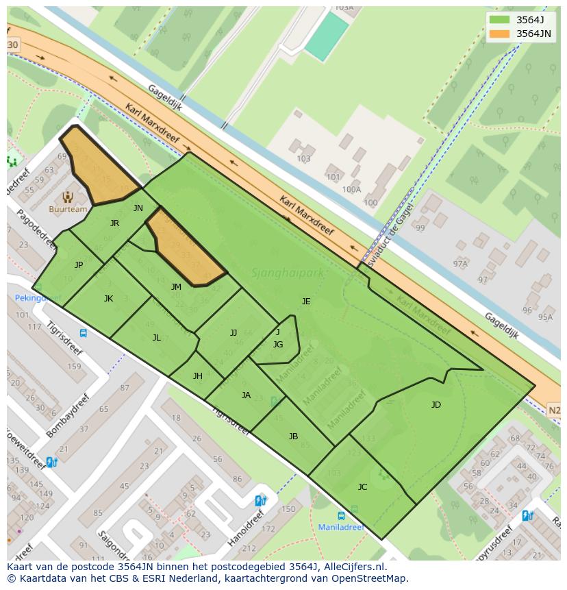 Afbeelding van het postcodegebied 3564 JN op de kaart.