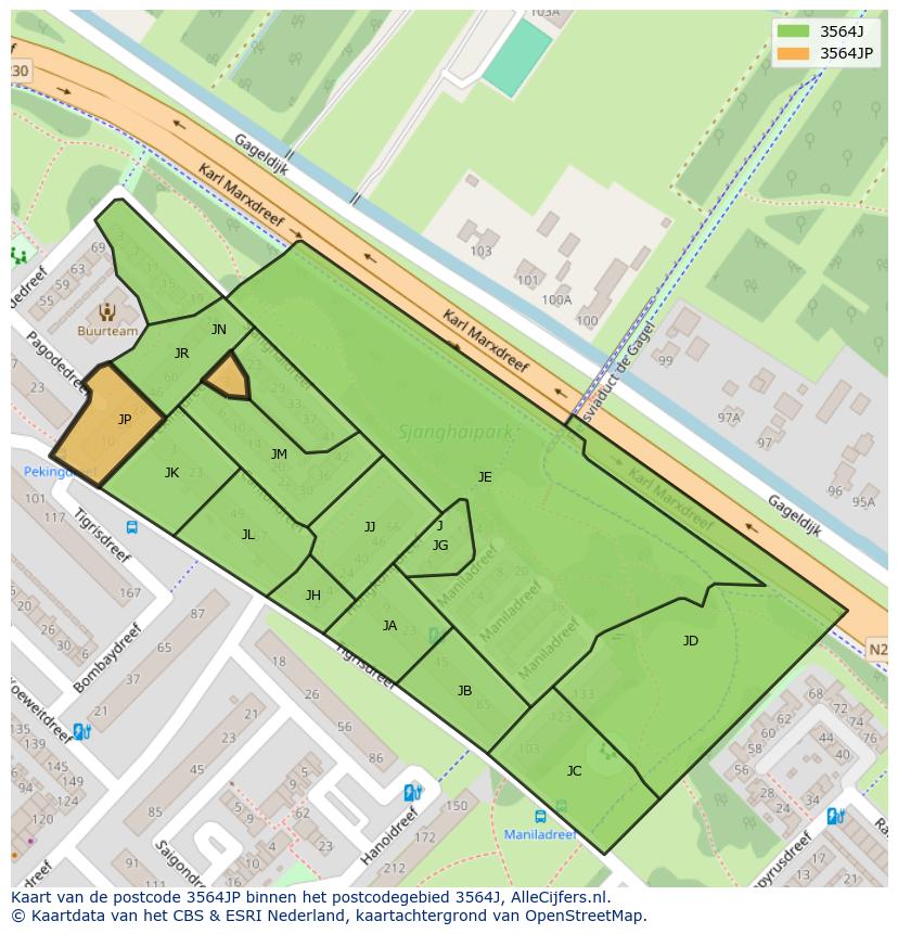 Afbeelding van het postcodegebied 3564 JP op de kaart.